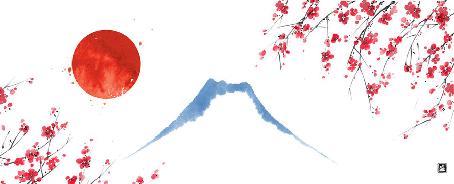 Sakura blossom, big red sun and Fujiyama mountain on white background.Traditional oriental ink painting sumi-e, u-sin, go-hua. Translation of hieroglyph - blossom