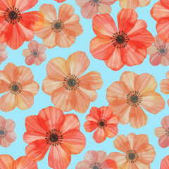 Red poppies watercolor seamless pattern on blue background