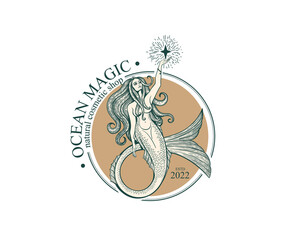 Mermaid logo. Brand template vector illustration. Siren and marine girl with a tail. Vintage Hand drawn vector illustration for logo and poster