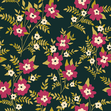 Vintage floral pattern with small flowers, branches, leaves on a dark field. Seamless pattern, elegant botanical background with decorative plants, wildflowers, twigs, foliage. Vector illustration.