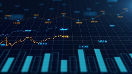 Stock market and information of exchange with data of price on market wall. Change and volume. Financial indexes change up and down over time. Concept of trading cryptocurrency assets and bitcoin