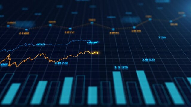 Stock market and information of exchange with data of price on market wall. Change and volume. Financial indexes change up and down over time. Concept of trading cryptocurrency assets and bitcoin
