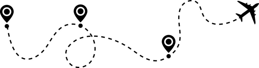 Airplane path in a dotted line shape. Airplane line routes set. Aircraft tracking. location pins isolated on white background © zxr design