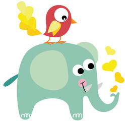 Cute bird on top of elephant with hearts
