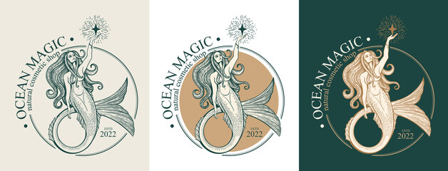 Mermaid logo. Brand template vector illustration. Siren and marine girl with a tail. Vintage Hand drawn vector illustration for logo and poster