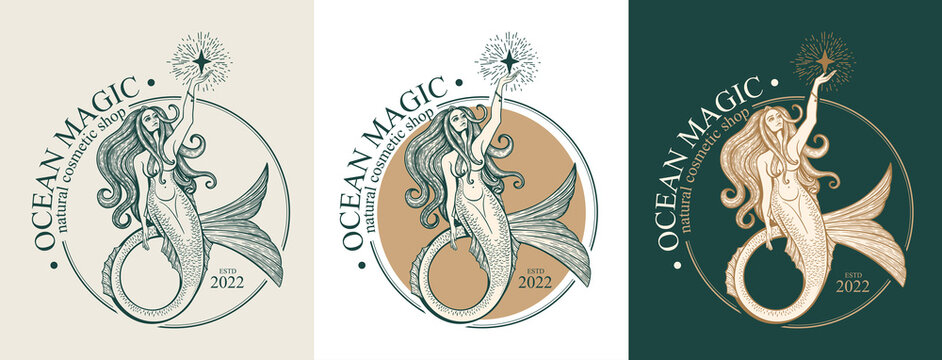 Mermaid logo. Brand template vector illustration. Siren and marine girl with a tail. Vintage Hand drawn vector illustration for logo and poster