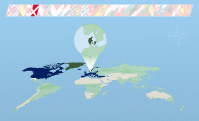 Denmark member of North Atlantic Alliance selected on perspective World Map. Flags of 30 members of alliance.