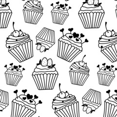 Seamless pattern with cupcakes.Doodle style. Pattern with muffins in doodle style.Vector illustration.