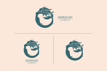 Mermaid logo. Brand template vector illustration. Siren and marine girl with a tail. Hand drawn vector illustration for logo and poster