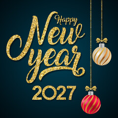 2027 Happy New Year in golden design, Holiday greeting card design.