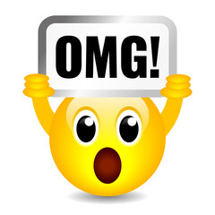 Surprised emoji cartoon with OMG sign, Oh My God
