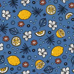 Cute seamless pattern with fresh juicy lemons and exotic tropical flowers. Botanical summer backdrop with hand drawn in sketch style elements. Bright vintage print for textile and wrapping paper