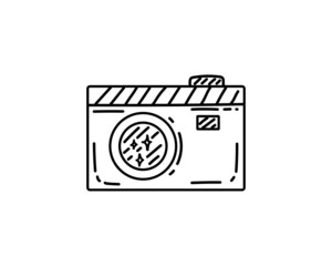 Digital photo camera hand drawn in sketch style. Vintage vector doodle illustration isolated on white background