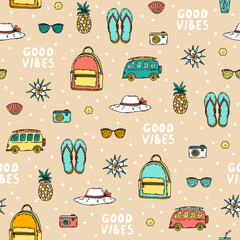 Cute summer pattern with beach elements - straw hat, flip flops, backpack, sunglasses, camera, car, cocktail and flowers. Vector print in vintage sketch style for textiles, apparel, packaging design