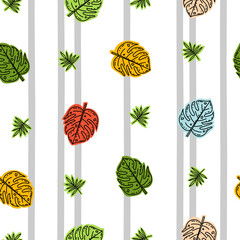 Summer seamless pattern with colorful monstera leaves drawn in sketch style. Tropical plants on stripped white background for wallpapers, textile, apparel