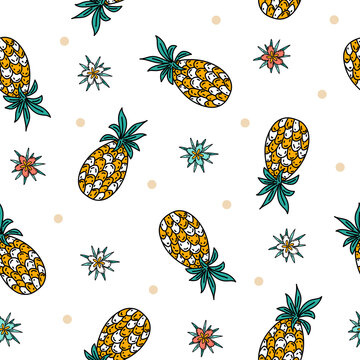 Cute seamless pattern with hand drawn doodle pineapples on white background. Summer food background with funny fruits in sketch style for kids textile, wrapping paper, apparel