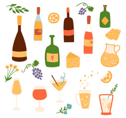 Cute wine bottles set. Cartoon wine bottles collection for summer picnic party. Cocktail set. Vector drink isolated elements. Cute glass of wine, lemonade, cheese, grape, flower party celebration.