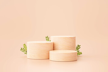 Wooden podium display product stand winner pedestal with leaf showcase product space presentation wood tree nature concept background 3d rendering