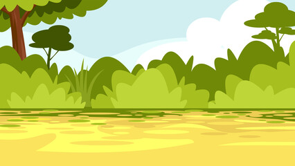 Fototapeta na wymiar Cartoon Forest Background. Vector Hand Drawn Flat Illustration Design