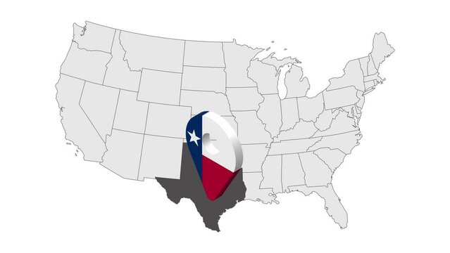 Location State  of  Texas on map USA. 3d State Texas flag map marker location pin. Map of United States of America showing different states. Animated map States of USA. 4K.  Video
