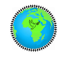 Fototapeta na wymiar Hommes et femmes qui se tiennent la main autour de la Terre avec logo colombe de la paix 