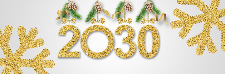 2030 Happy New Year in golden design, Holiday greeting card design.