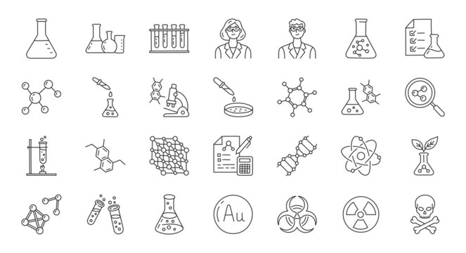 Chemistry doodle illustration including icons - flask, lab tube, scientist, dropper, petri dish, beaker, experiment, education, biotechnology. Thin line art about laboratory research. Editable Stroke