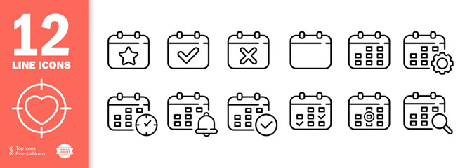 Calendar set icon. Calendar with star, checkmark and cross. Alarm clock, reminder, search, setting. Date management concept.Vector line icon for Business and Advertising