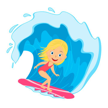 Young girl surfing on the wave