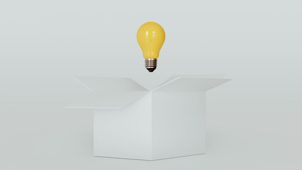Yellow lightbulb inside of open white box between two close boxes on blue background for creative thinking idea concept by 3d render.