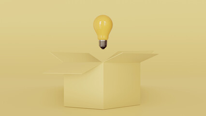 Yellow lightbulb inside of open light yellow box between two close boxes on blue background for creative thinking idea concept by 3d render.