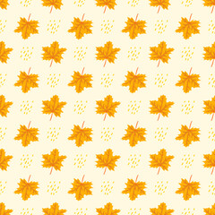 Seamless autumn pattern with orange maple leaves on yellow background. Bright fall print for textile and design. Vector flat illustration