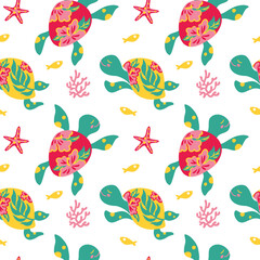 Sea turtles. Marine life. Kids illustration. Seamless pattern for fabric, wrapping, textile, wallpaper, clothes. Vector.
