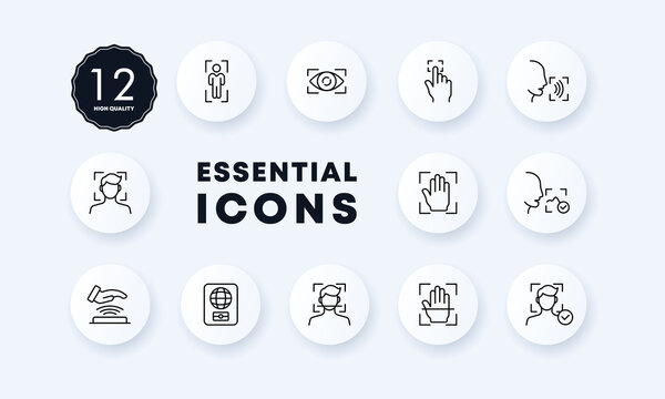 Identification set icon. Biometrics, fingerprint recognition, voice recognition, nfs, foreign passport, etc. Authentication concept. Neomorphism style. Vector line icon for Business and Advertising