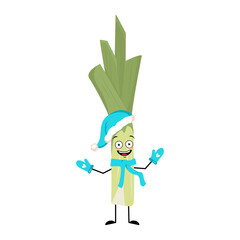 Cute green leek character in Santa hat with happy emotion, face, smile eyes, arms and legs. Healthy vegetable with expression and posture, rich in vitamins. Vector flat illustration