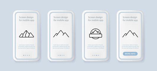 Mountain set icon. Height, rock, hill, travel, rock climber, tourist, travel agency, logo. Mount concept. UI phone app screens with people. Vector line icon for Business and Advertising
