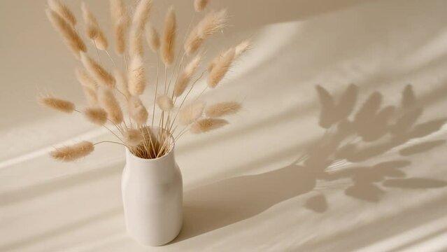 The movement of golden spikelets in the wind. Sunlight soft light and shadows from the transparent curtain, tulle. Space for text. Product presentation, mockup for advertising. High quality 4k footage