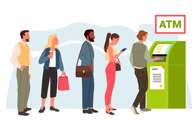 People stand in long queue to ATM, side view vector illustration. Cartoon character waiting with patience to withdraw cash money, woman and man standing isolated on white. Transaction, service concept - obrazy, fototapety, plakaty