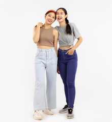 Two asian women lgbt couple isolated on white color background. love pride month concept