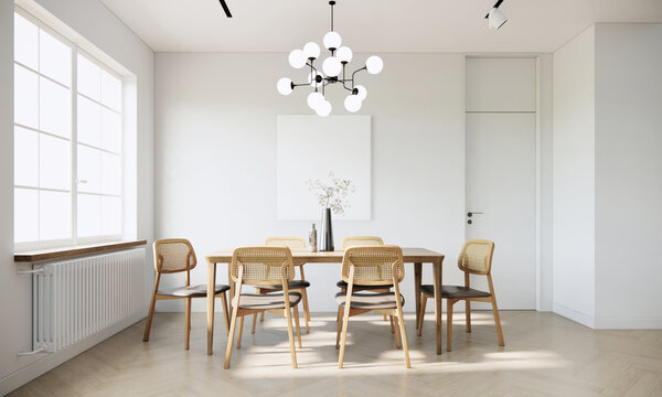 japandi modern scandinavian style apartment interior, white dining room ideas, 3d background	