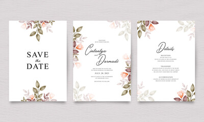 Elegant three sided wedding invitation template with watercolor floral
