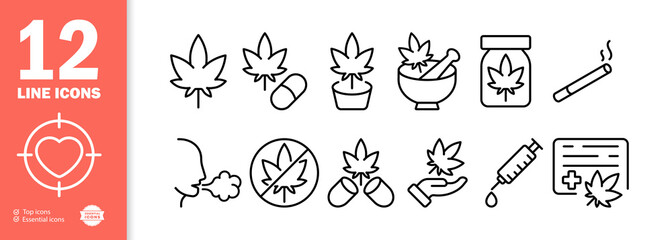Medicine set icon. Hemp, cannabis, marijuana, injection, smoking, pills, prescription, tobacco, medicinal drugs, relaxation. Drugs concept. Vector line icon for Business and Advertising