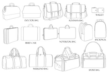Types of bags. Set illustration of stylish bags. Doctor bag, postman bag, backpack, weekend, wallet, brief case, sport bag, notebook bag. Collection of luxury modern accessories.