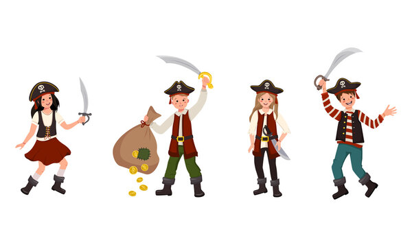 Happy pirates boys and girls with saber, cocked hat, bag of gold coins. Joyful children in carnival costumes. Festive clothing for holiday, New Year and kids party. Vector flat illustration
