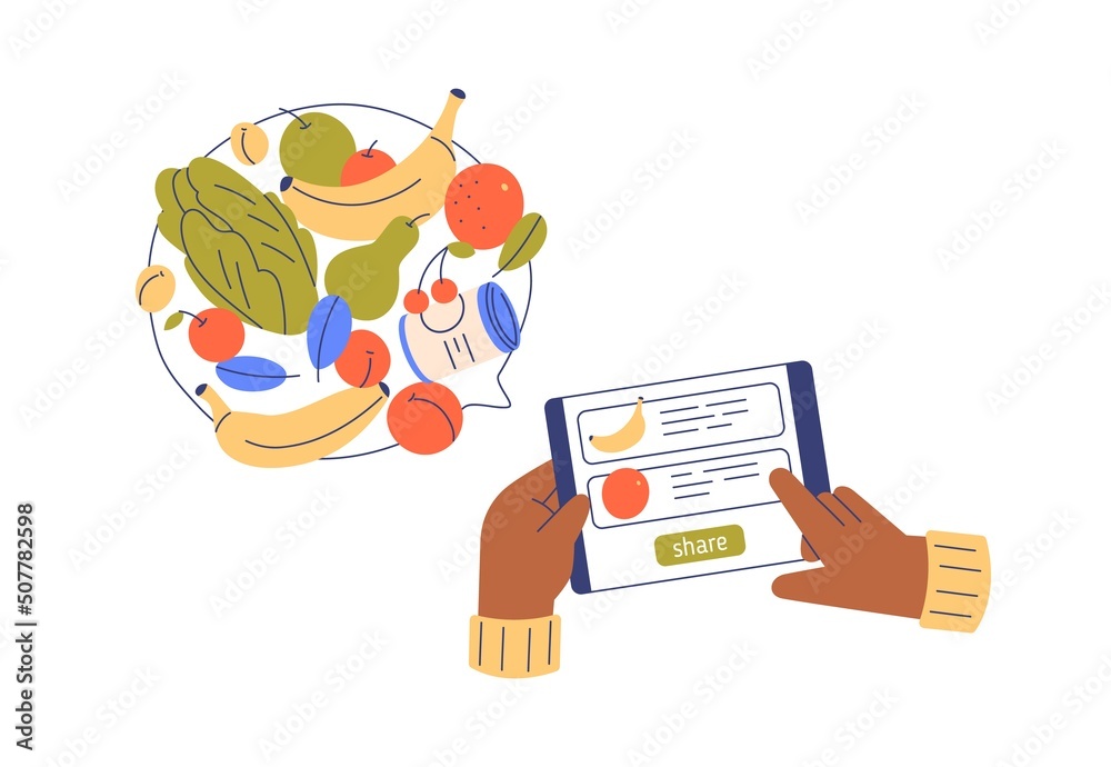 Poster sharing food online using mobile application, clicking on tablet screen. hands making grocery donati
