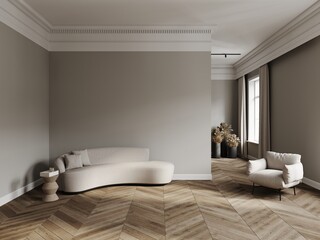 Living room in classical style mockup with wooden floor, grey walls, curtains, chair, table, vases and window 3d render