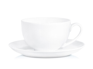 white cup and saucer on white isolated background