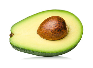one avocado cut in half on a white isolated background