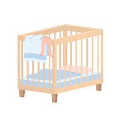 Wooden crib for baby boy vector illustration. Cartoon cute bed for healthy sleep of newborn at night, furniture for nursery room interior with with linens, towel and romper suit isolated on white