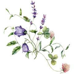 Watercolor meadow flowers bouquet of campanula, lavender and clover. Hand painted floral poster of wildflowers isolated on white background. Holiday Illustration for design, print, background.